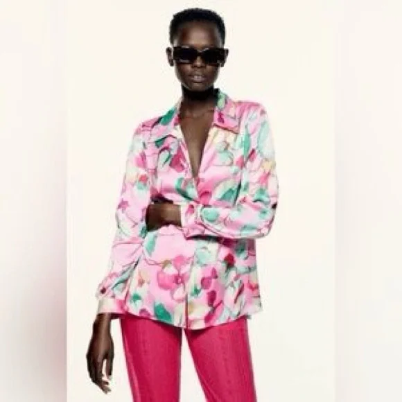 Zara - Bright Colorful Floral Satin Effect Button Down Long Sleeve Blouse Size S - Picture 1 of 9